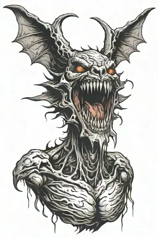 a large demonic creature with black wings grinning with blood coming from its mouth tattoo design idea