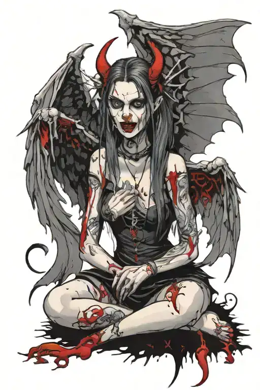 a sexy demonic girl with two wings, on her knees, grinning with bloody fangs  tattoo design idea
