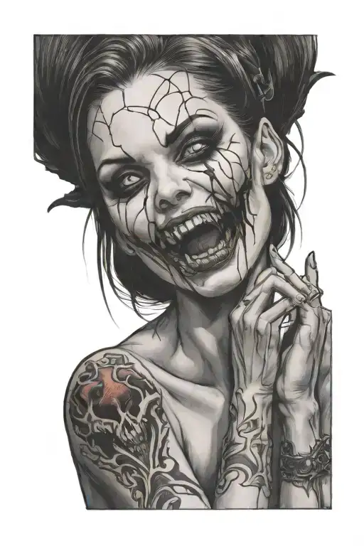 a sexy nude vampire girl on her knees showing fangs tattoo design idea