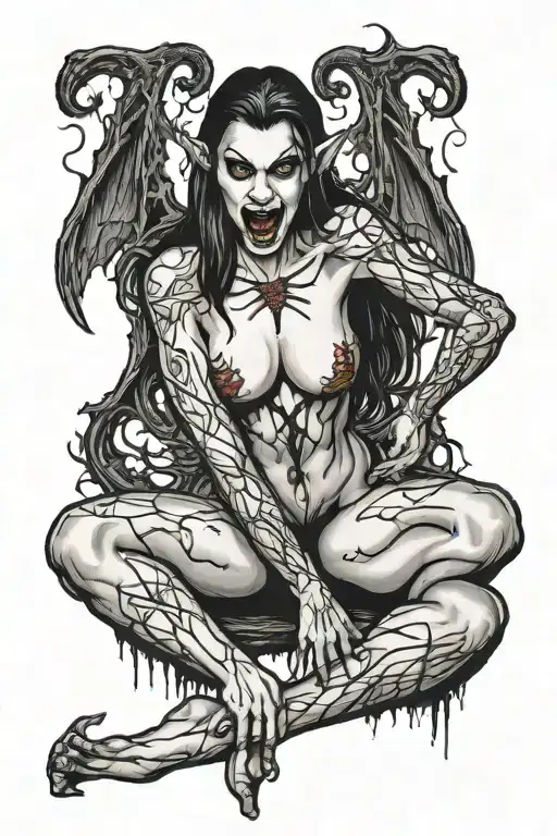 a sexy nude female vampire on her knees showing fangs  tattoo design idea