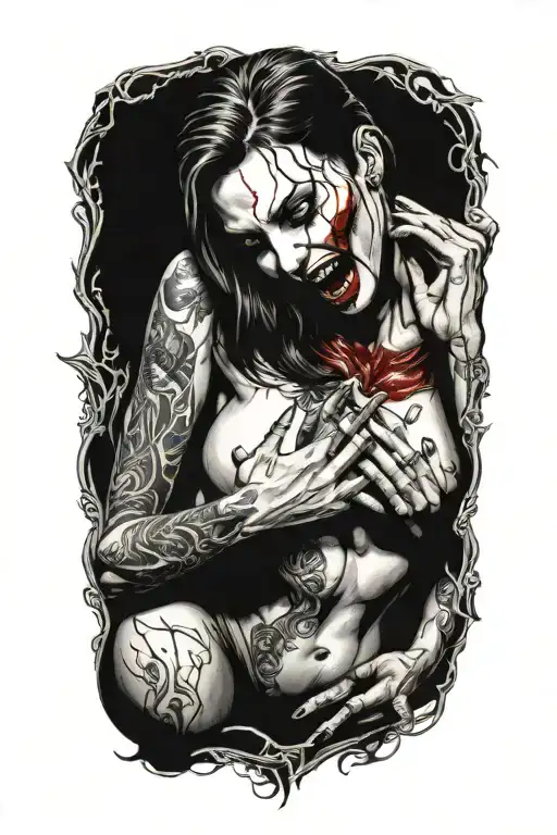 seductive nude female vampire on her knees showing fangs tattoo design idea