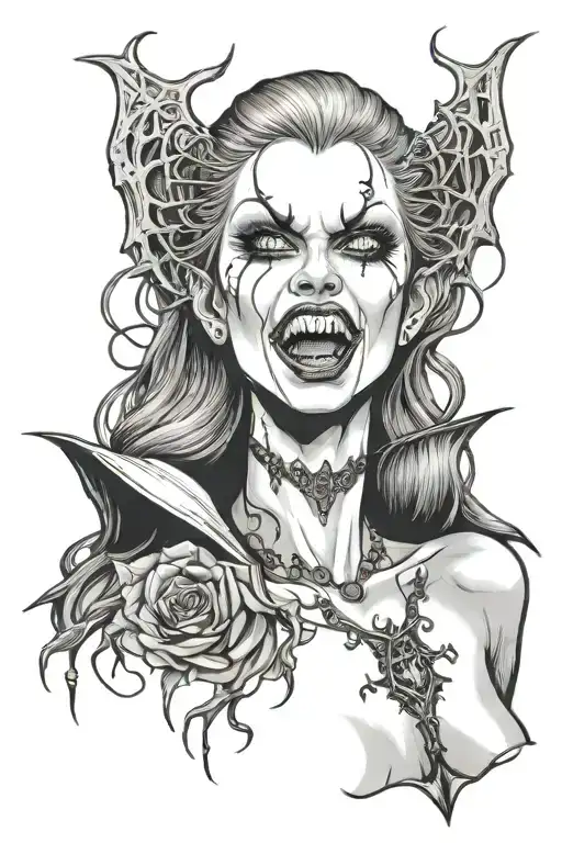sexy gothic black metal nude female vampire with fangs  tattoo design idea