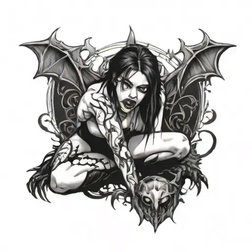 a sexy nude vampire girl on her knees showing fangs tattoo design idea