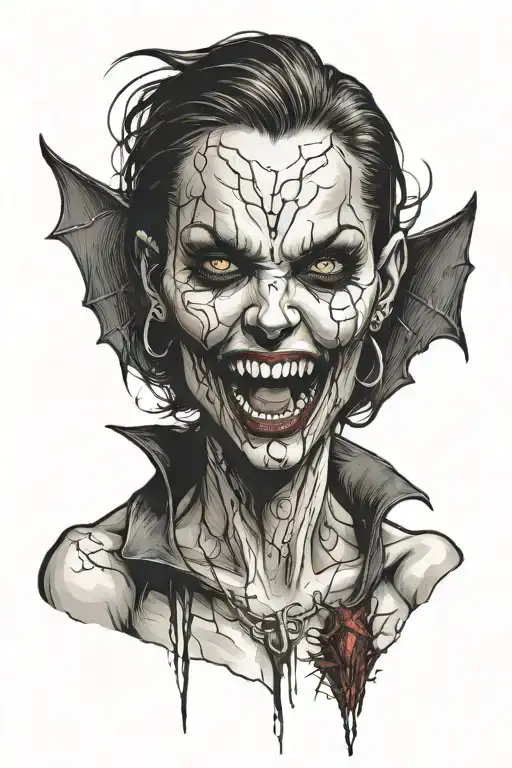 a sexy nude female vampire posing and showing fangs tattoo design idea