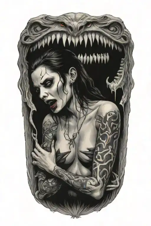 seductive nude female vampire on her knees showing fangs tattoo design idea