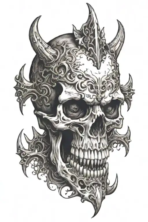 an ancient skull with vampire teeth tattoo design idea