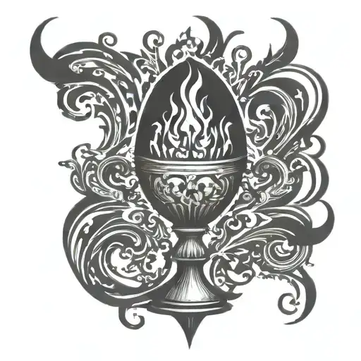 an ancient gothic chalice with fire coming out of the top tattoo design idea