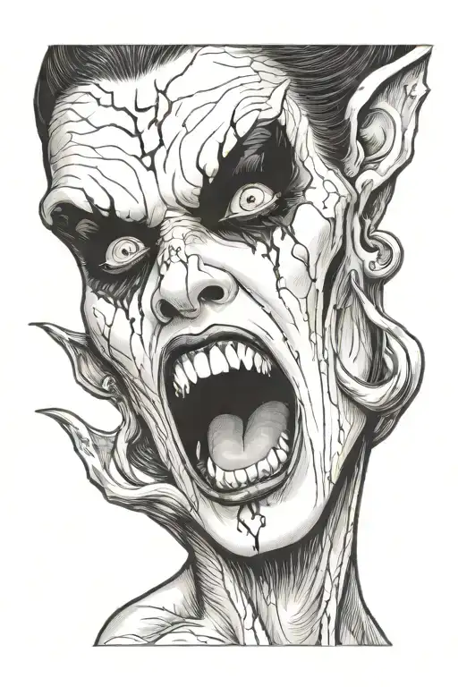 a sexy nude vampire girl on her knees showing fangs tattoo design idea