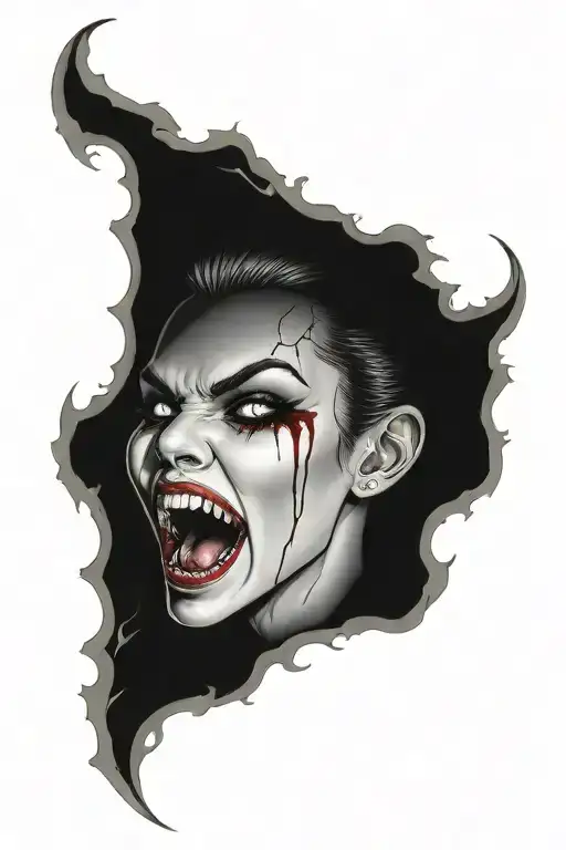 a sexy nude vampire girl on her knees showing fangs tattoo design idea