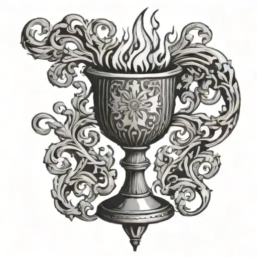 an ancient gothic chalice with fire coming out of the top tattoo design idea