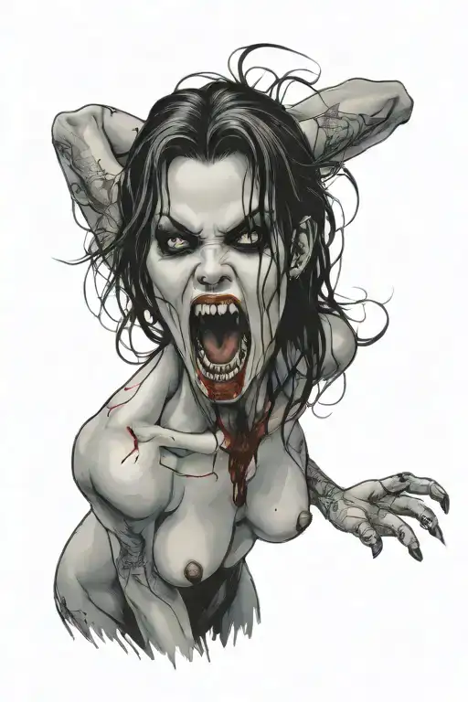 a sexy nude female vampire on her knees showing fangs tattoo design idea