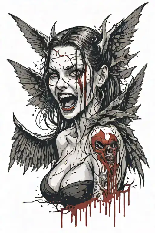 a sexy demonic girl with two large black wings on her back and grinning with blood streaming from her mouth tattoo design idea