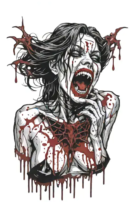 gothic black metal nude female vampire with fangs surrounded by blood splatter tattoo design idea