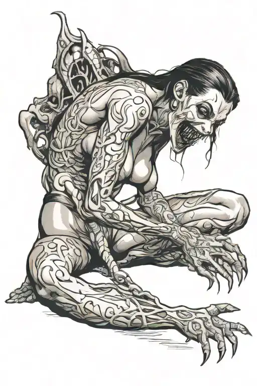 a sexy nude female vampire on her knees showing fangs tattoo design idea