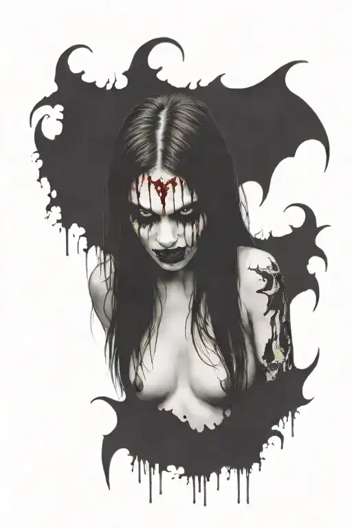 gothic black metal nude female vampire with fangs surrounded by blood splatter tattoo design idea