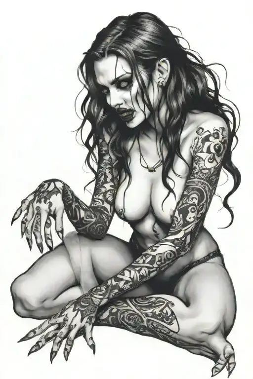 a sexy nude vampire girl on her knees showing fangs tattoo design idea