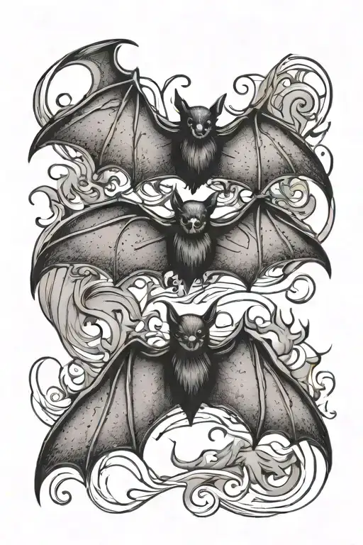 three gothic black metal bats flying around tattoo design idea