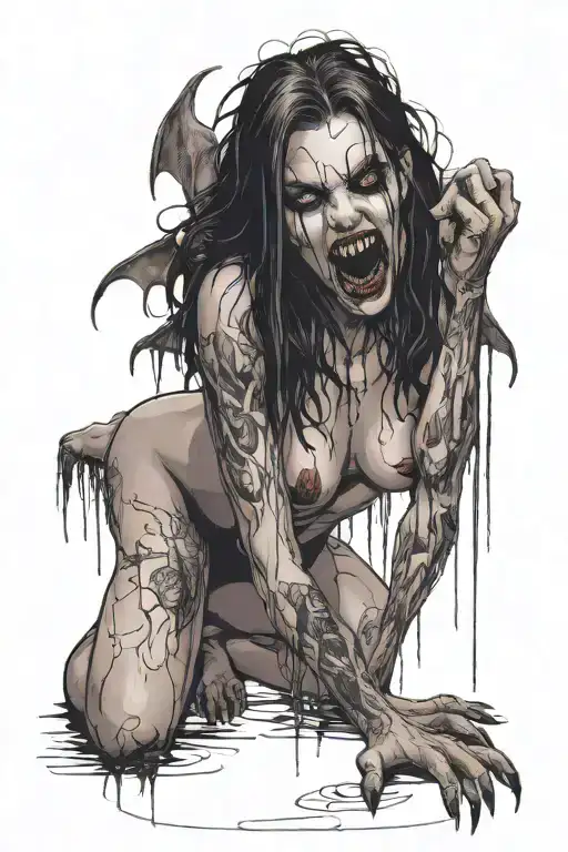 a sexy nude vampire girl on her knees showing fangs tattoo design idea