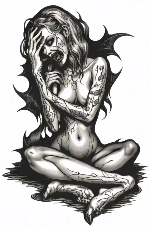 a sexy nude vampire girl on her knees showing fangs tattoo design idea