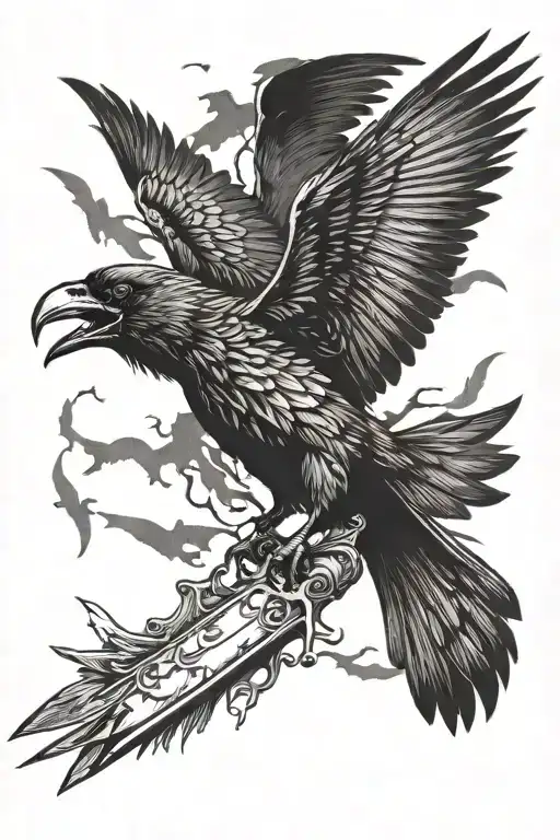 a gothic raven flying and holding a knife tattoo design idea