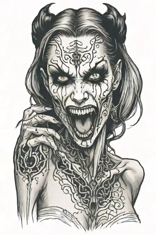 a sexy nude female vampire posing and showing fangs tattoo design idea