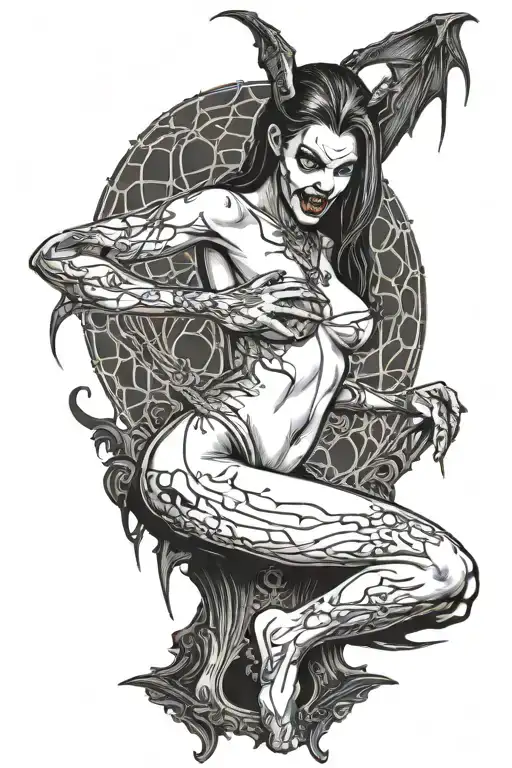 a sexy nude vampire girl on her knees showing fangs tattoo design idea