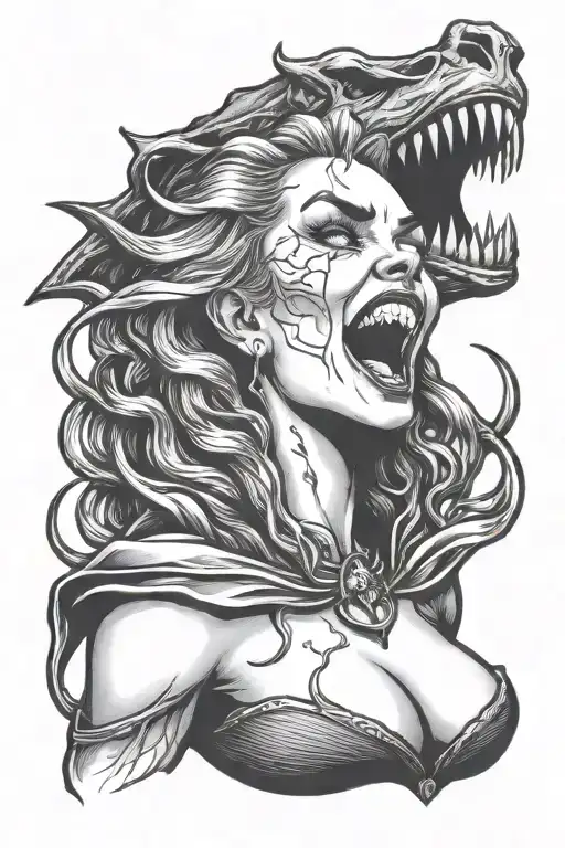 a sexy nude female vampire posing and showing fangs tattoo design idea