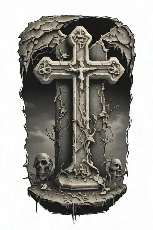 crumbling gravestone with gothic cross tattoo design idea