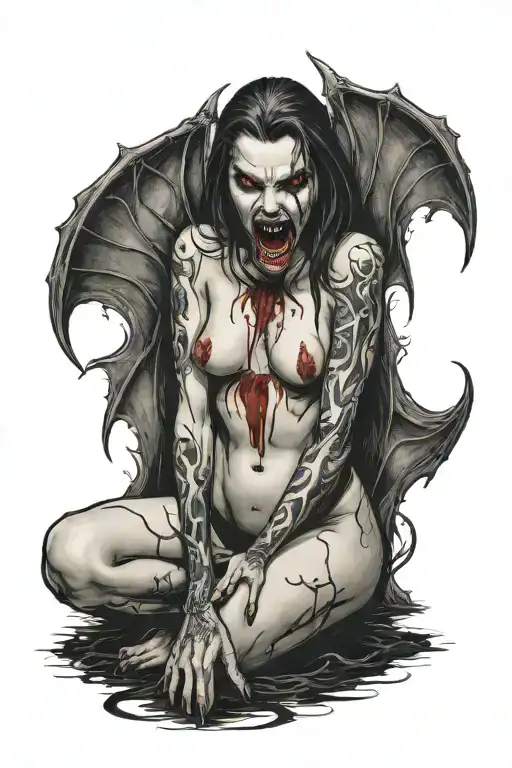 a sexy nude female vampire on her knees showing fangs tattoo design idea