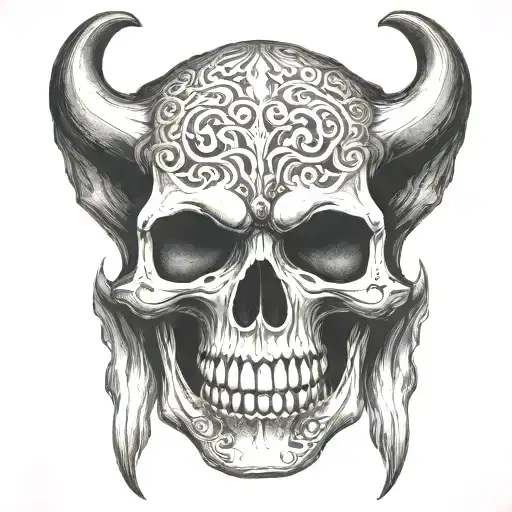 an ancient skull with two vampire fangs tattoo design idea