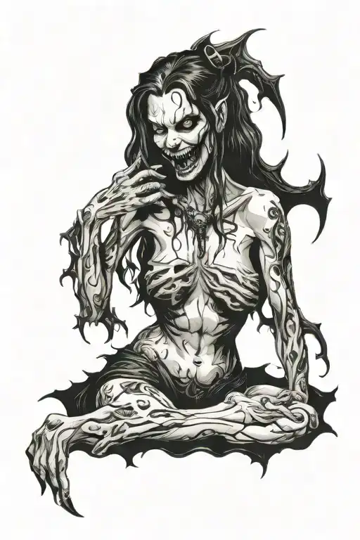gothic black metal nude female vampire with fangs  tattoo design idea
