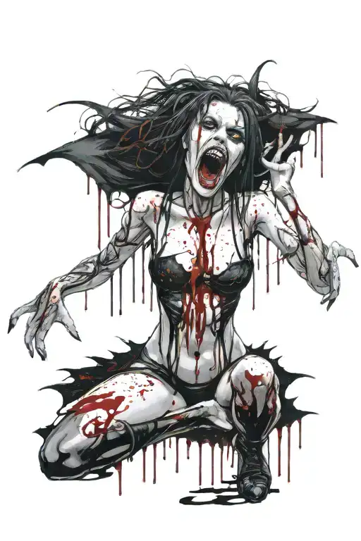 gothic black metal nude female vampire with fangs surrounded by blood splatter tattoo design idea