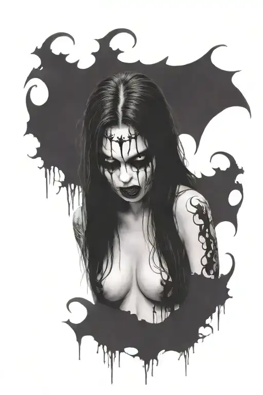 gothic black metal nude female vampire with fangs  tattoo design idea
