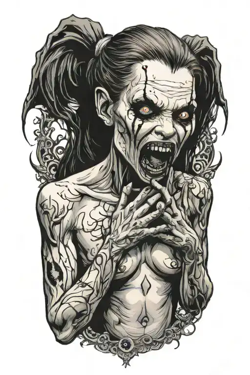 creepy nude female vampire on her knees showing fangs tattoo design idea