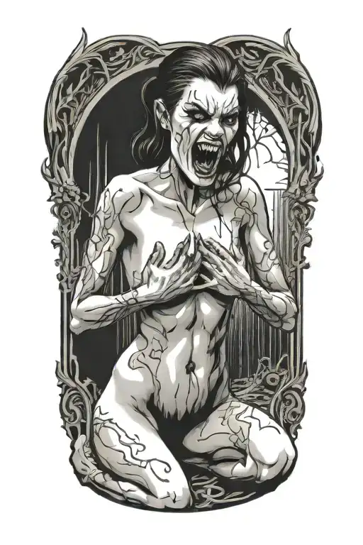 creepy nude female vampire on her knees showing fangs tattoo design idea