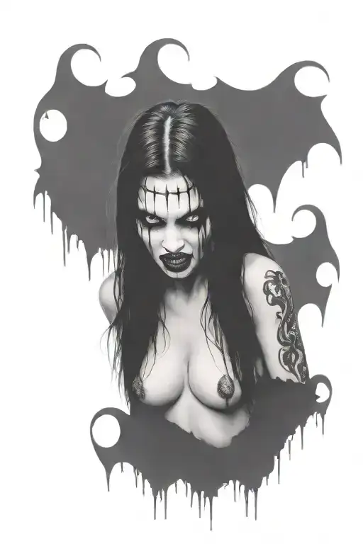 gothic black metal nude female vampire with fangs surrounded by fog tattoo design idea