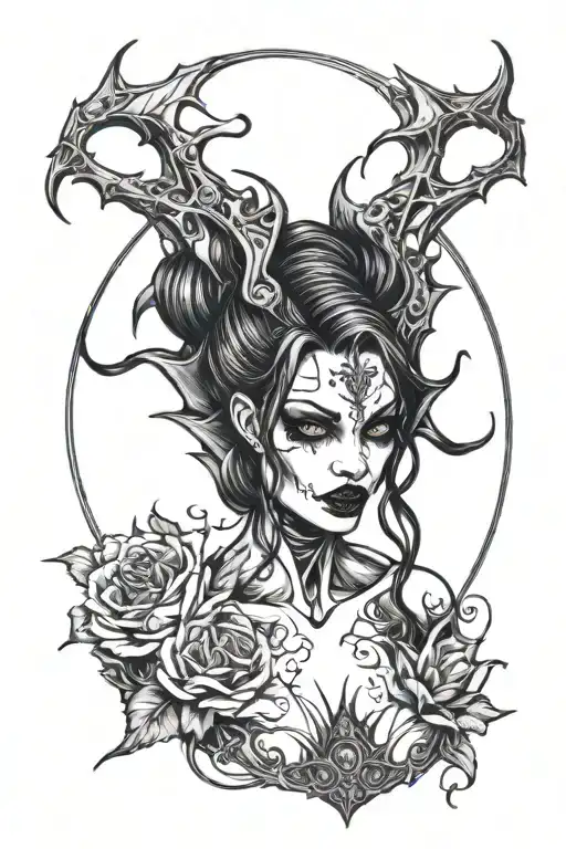 sexy gothic black metal nude female vampire with fangs  tattoo design idea