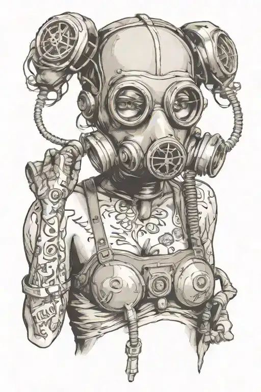 nude female body wearing gas mask tattoo design idea