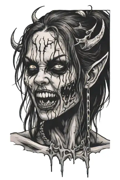 black metal girl with fangs tattoo design idea