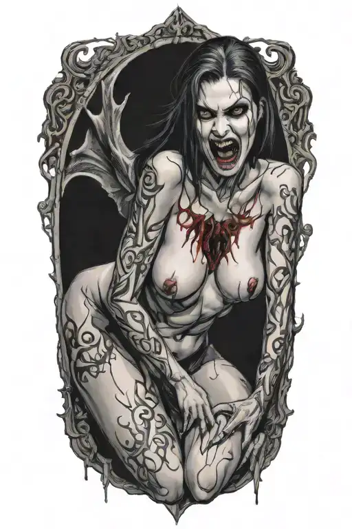 seductive nude female vampire on her knees showing fangs tattoo design idea