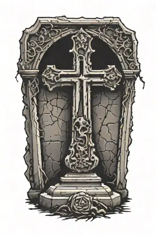 crumbling gravestone with gothic cross tattoo design idea