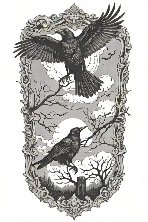evil gothic crow flying tattoo design idea