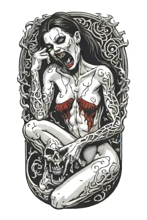creepy nude female vampire on her knees showing fangs tattoo design idea