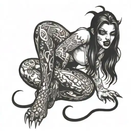 a sexy nude vampire girl on her knees showing fangs tattoo design idea