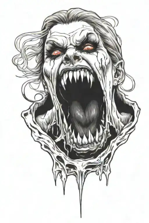 a sexy nude female vampire on her knees showing fangs tattoo design idea