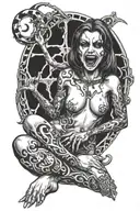 a sexy nude vampire girl on her knees showing fangs tattoo design idea