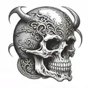 an ancient skull with vampire fangs tattoo design idea