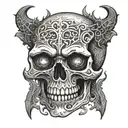 an ancient skull with vampire fangs tattoo design idea