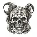 an ancient skull with vampire fangs tattoo design idea