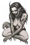 a sexy nude vampire girl on her knees showing fangs tattoo design idea